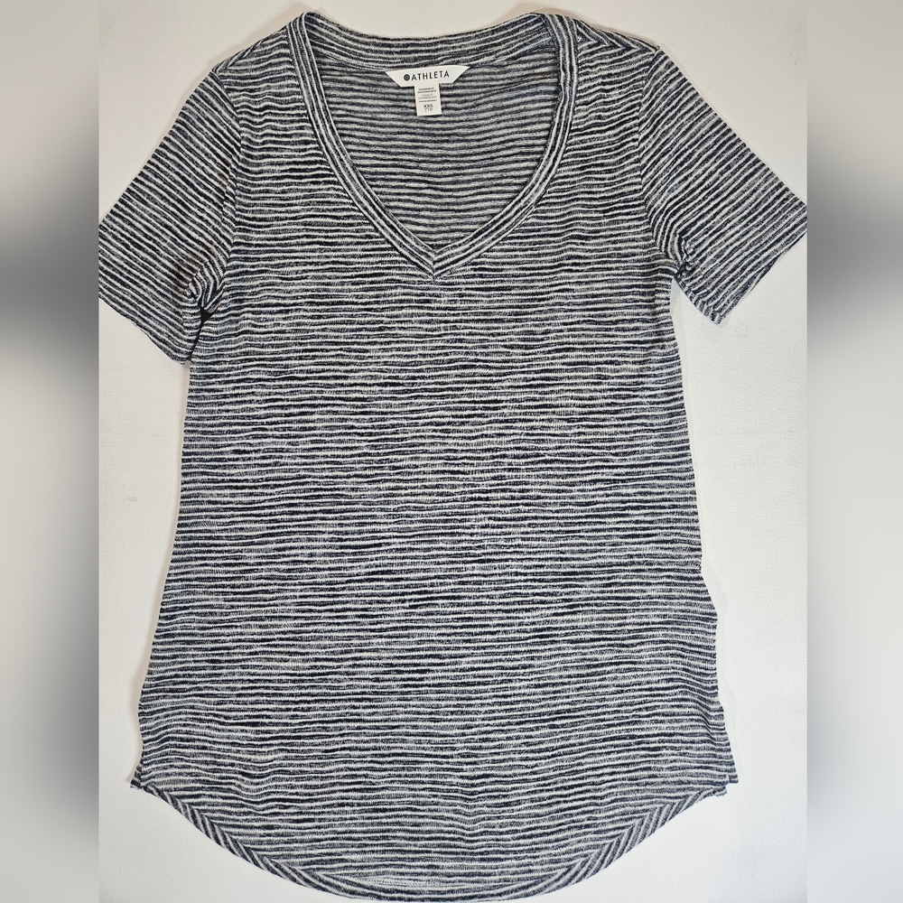 Athleta Tunic Top Womens XXS V-Neck Black White Stripes Soft‎ Loungewear Shirt